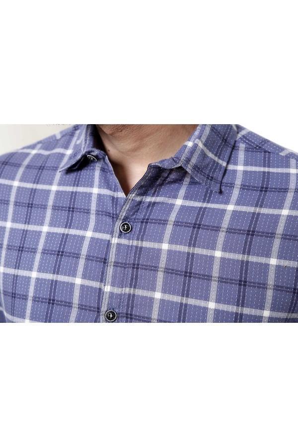 Full-sleeve check shirt close-up of blue collar and button placket