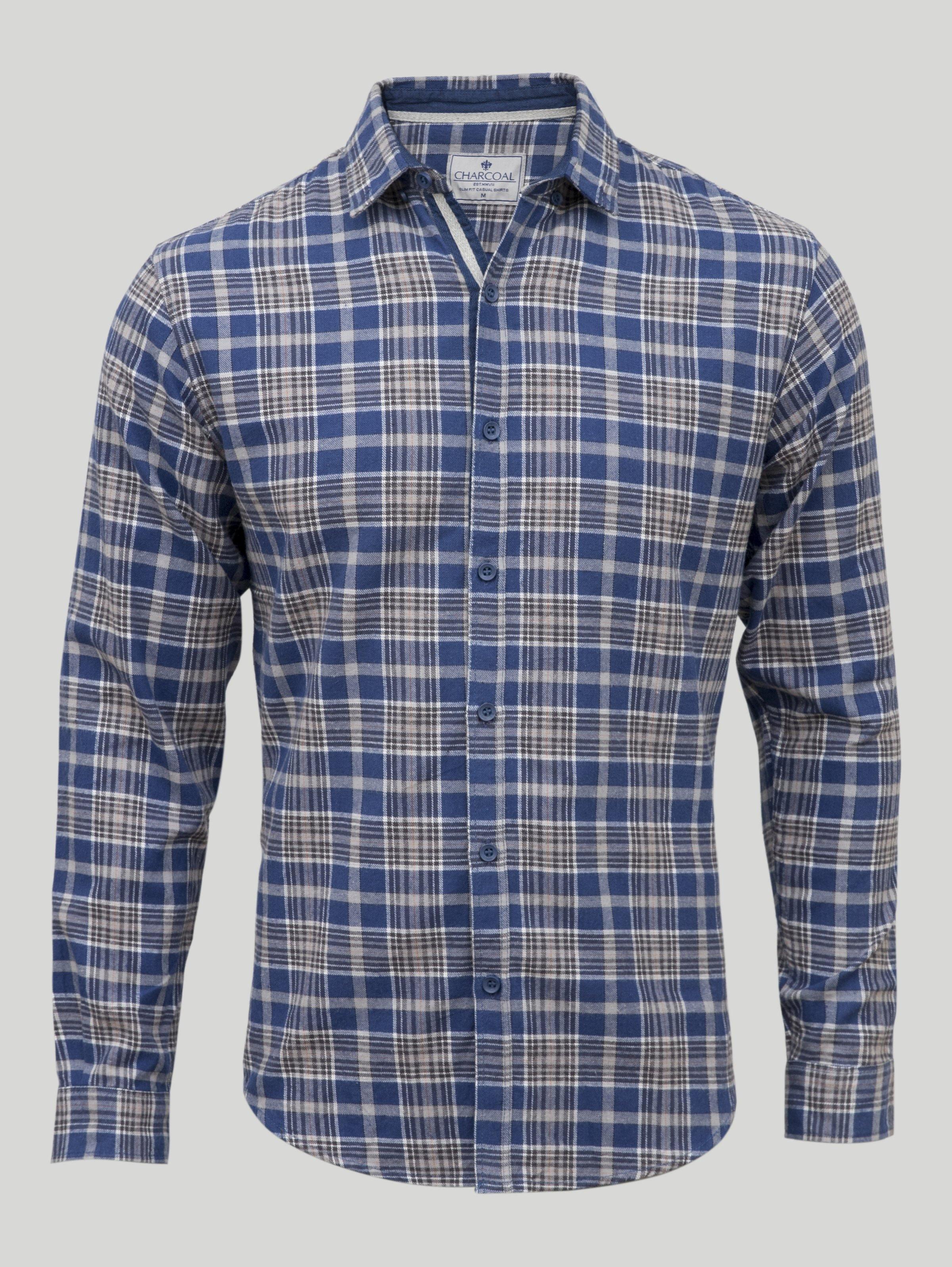 Blue and white plaid full-sleeve casual shirt with button front and collar