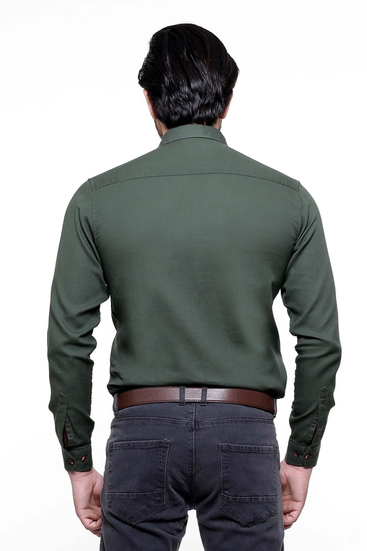 Back view of dark green slim-fit casual full-sleeve shirt with collar