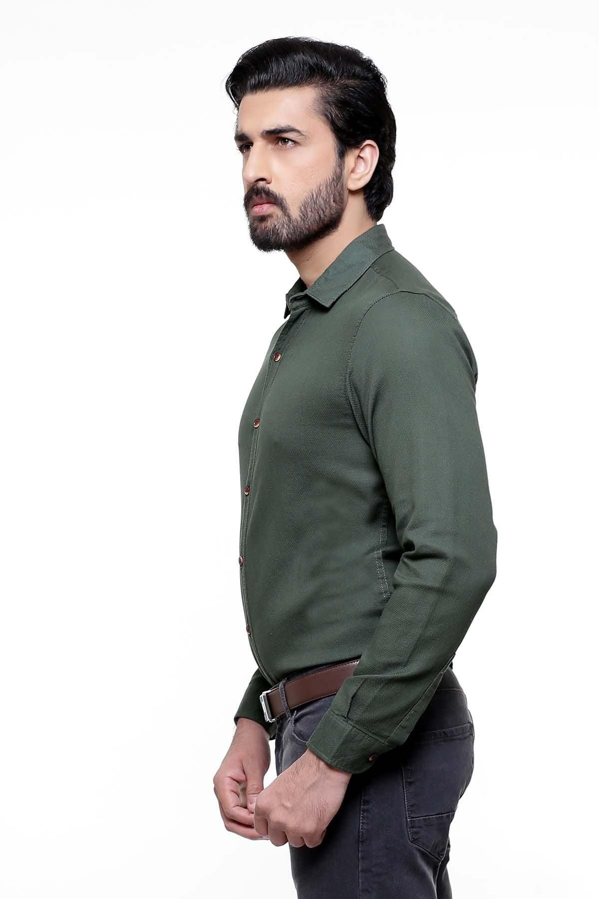 Dark green slim-fit casual shirt, long sleeves, button placket, side view