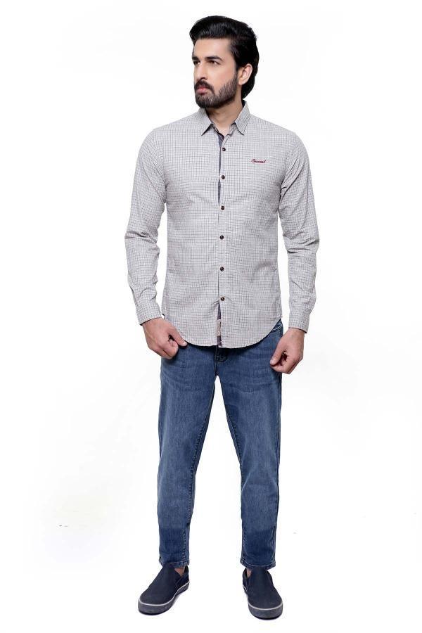 Grey check slim-fit full-sleeve casual shirt on model, front view