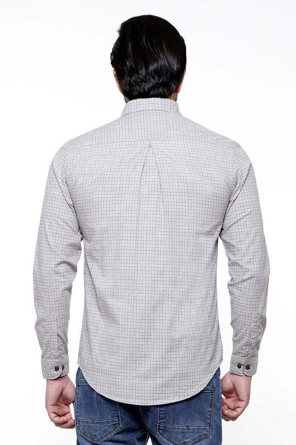 Grey check slim-fit full-sleeve casual shirt on model, back view
