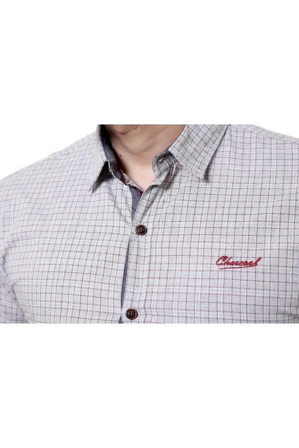 Grey check slim-fit full-sleeve casual shirt, button-down collar and chest logo