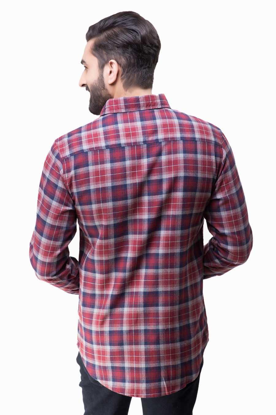 Full-sleeve casual shirt, maroon and grey plaid, button-front, back view