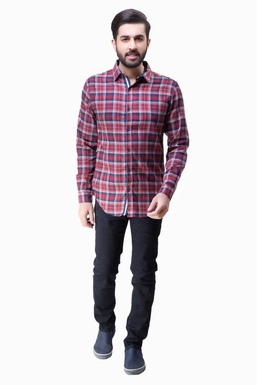 Full-sleeve casual shirt, maroon and grey plaid, button-front