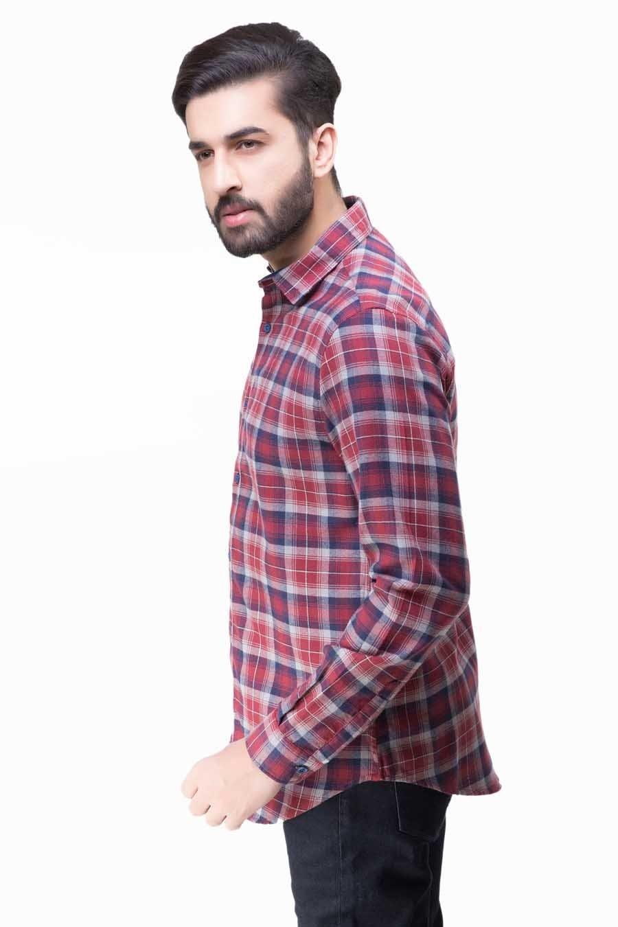Full-sleeve casual shirt, maroon and grey plaid, button-front, side view