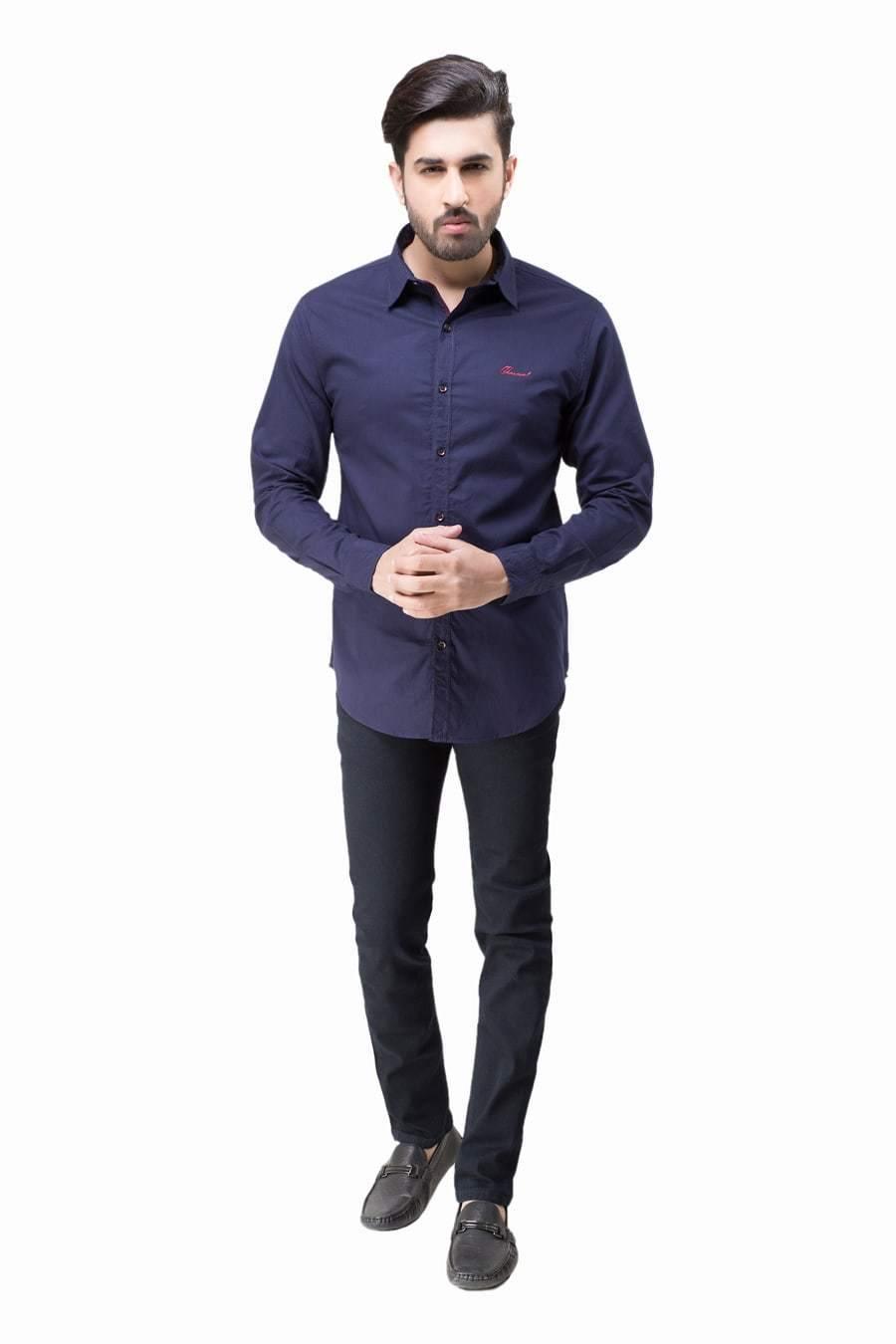 Navy full-sleeve casual button-up shirt with pointed collar and chest pocket