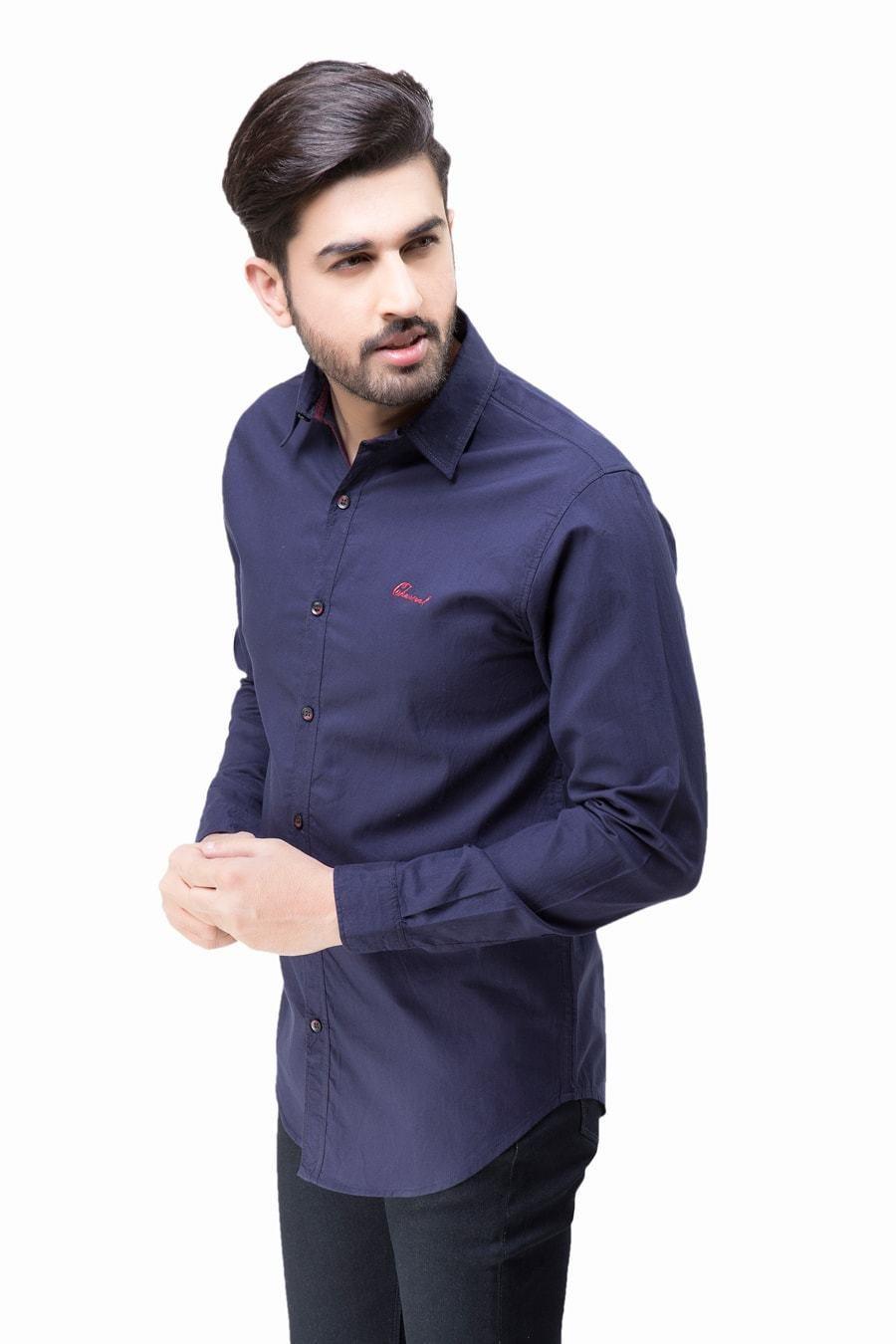 Navy full-sleeve casual button-up shirt with front buttons and folded sleeve