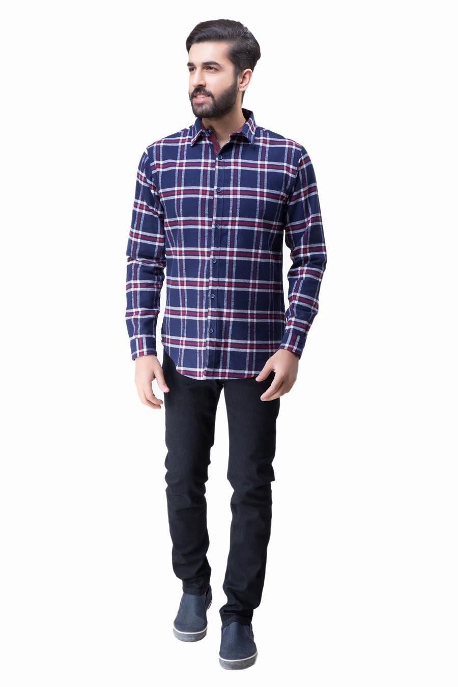 Men's casual full-sleeve shirt, navy plaid with white and red grid, button front