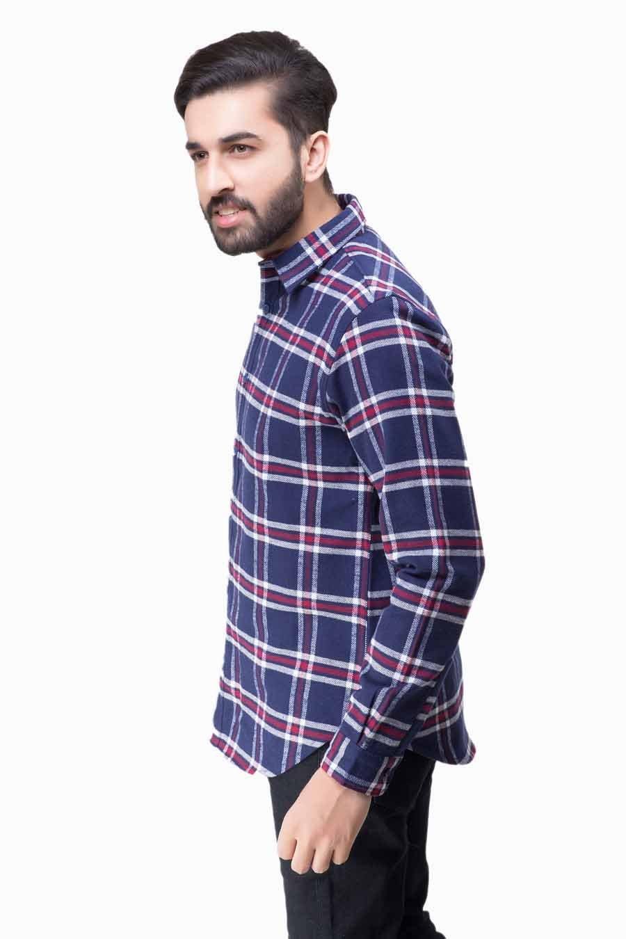 Men's casual full-sleeve shirt, navy plaid with white and red grid, side view