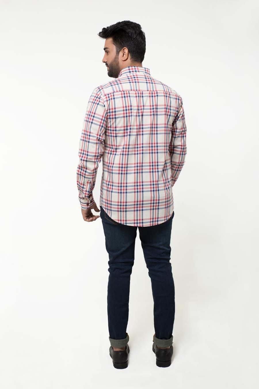 Beige and maroon plaid long-sleeve casual shirt, back view