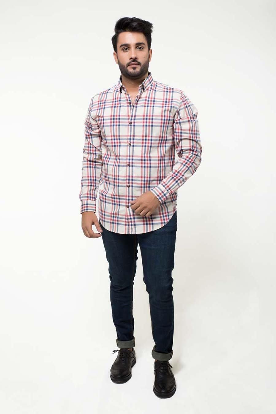 Beige and maroon plaid long-sleeve casual shirt with button-down collar
