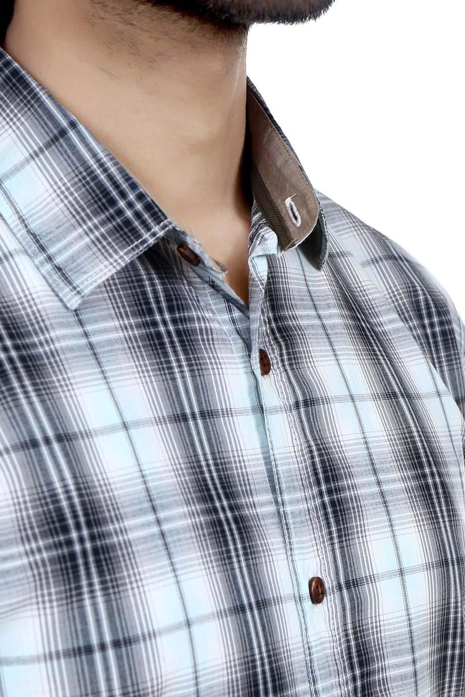 Men's check button-up shirt close-up of collar and brown button placket