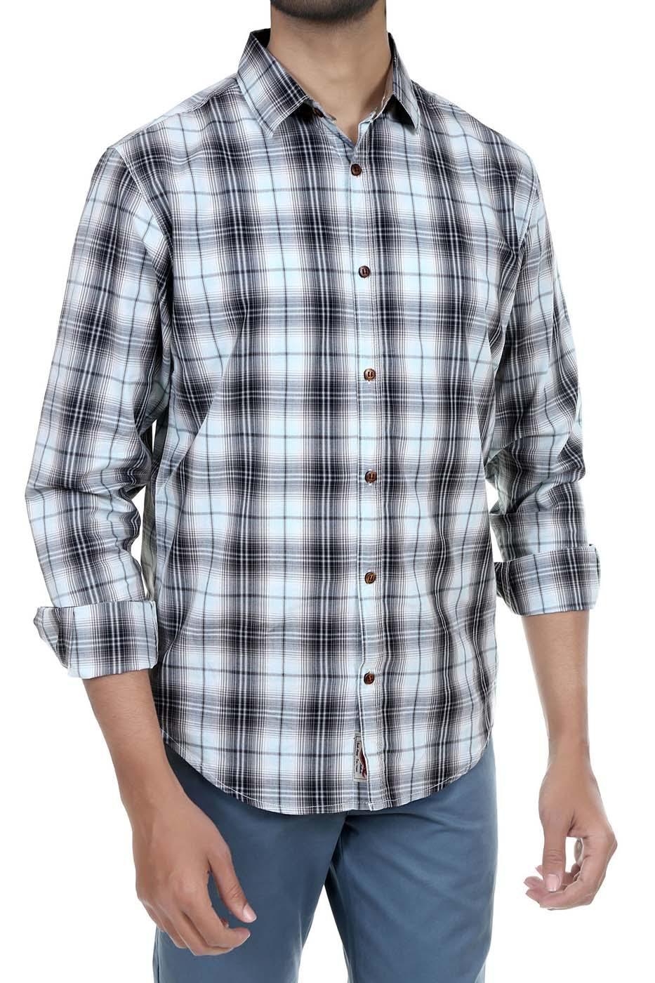 Men's long-sleeve button-up shirt with black and white check pattern