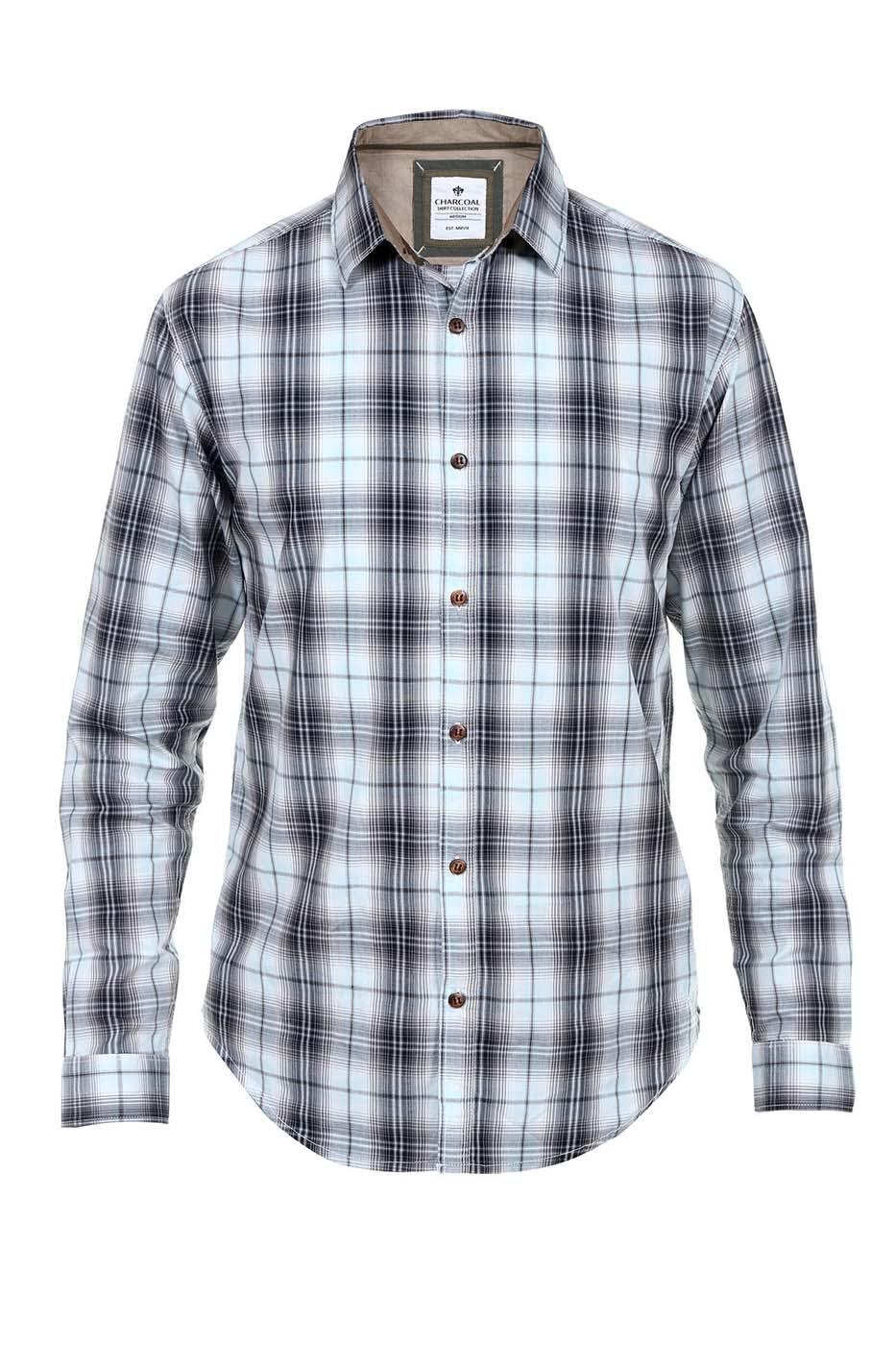 Men's long-sleeve button-up shirt in black and white check plaid