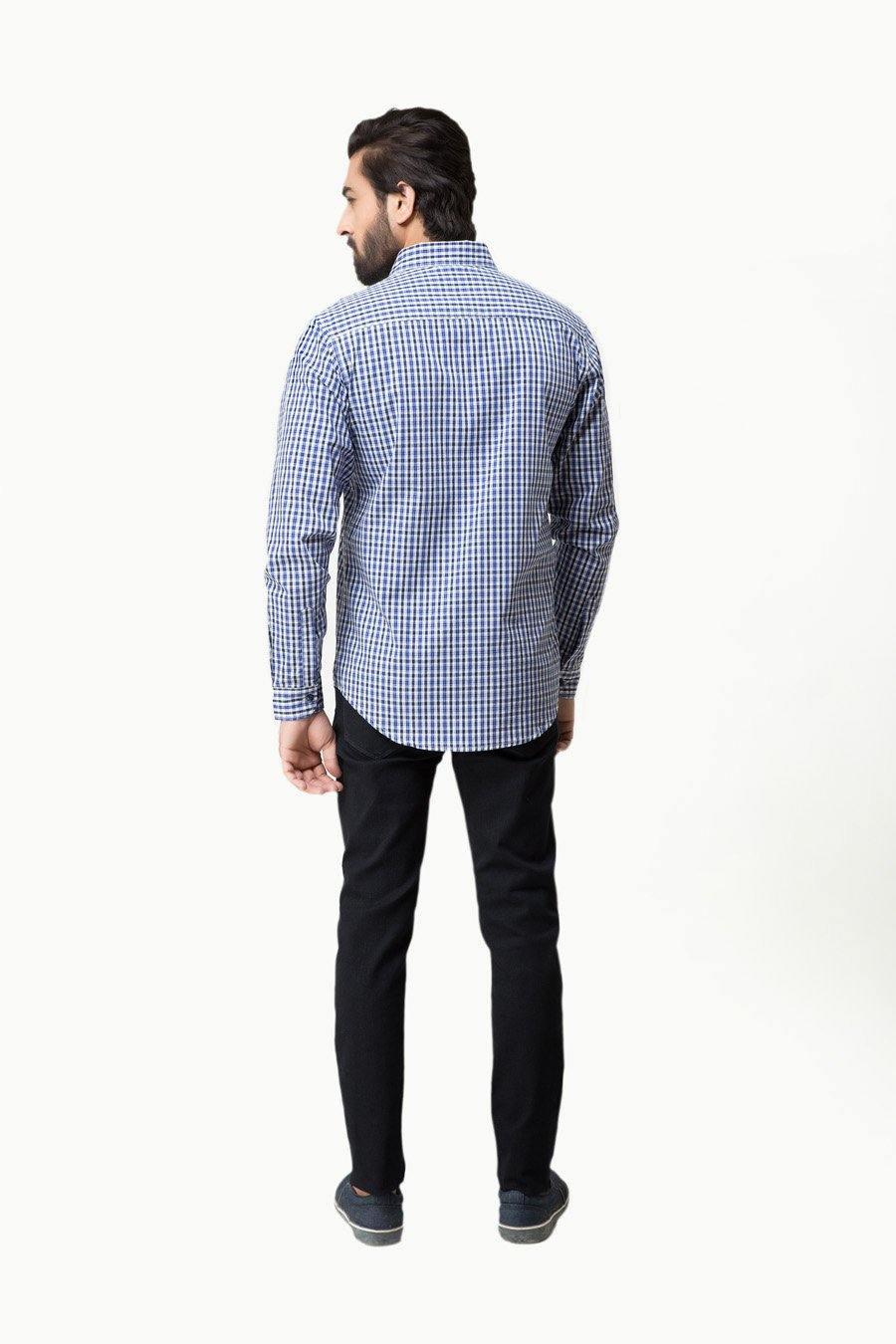 Blue check button-up casual shirt with long sleeves, back view