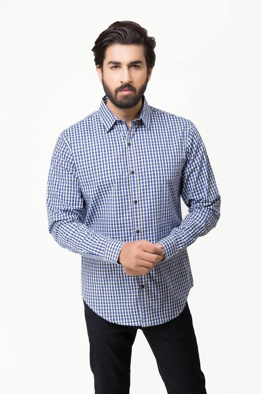 Blue check button-up casual shirt with long sleeves, front view