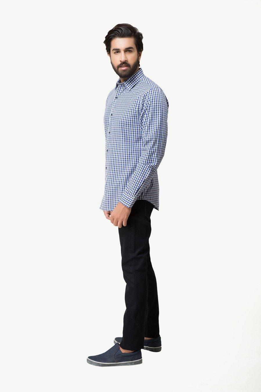 Blue check button-up casual shirt with long sleeves, side view