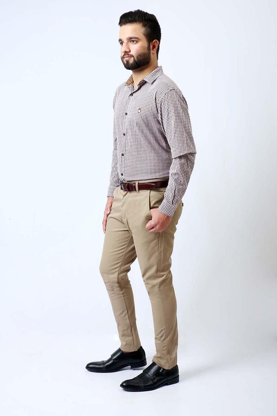 Men's casual full-sleeve shirt in brown check pattern, button-up front