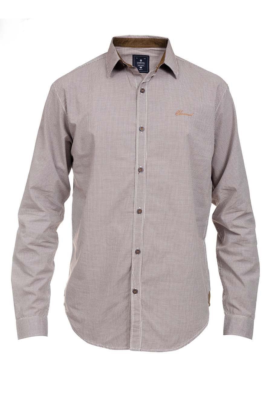 Men's brown check full-sleeve shirt with button-front and point collar