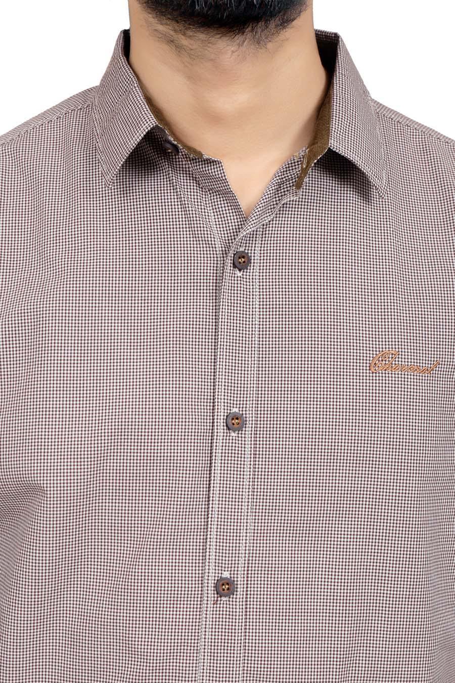 Men's brown check shirt with button placket and chest logo