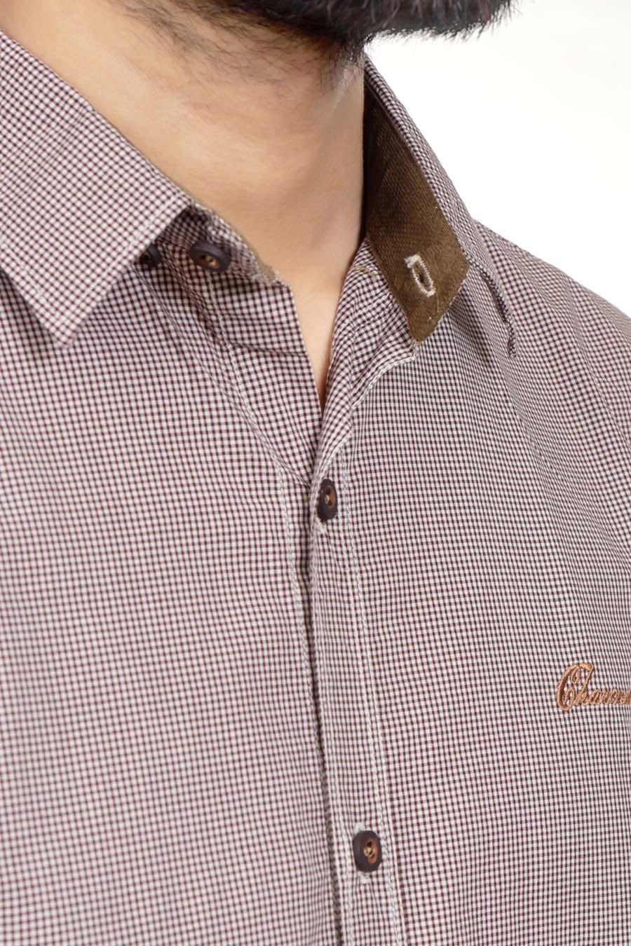 Men's brown check shirt collar detail with buttons and logo
