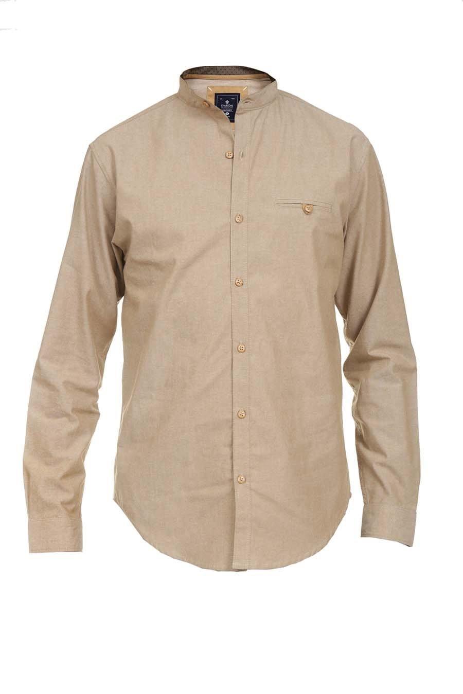 Khaki casual button-up shirt with long sleeves and front button placket