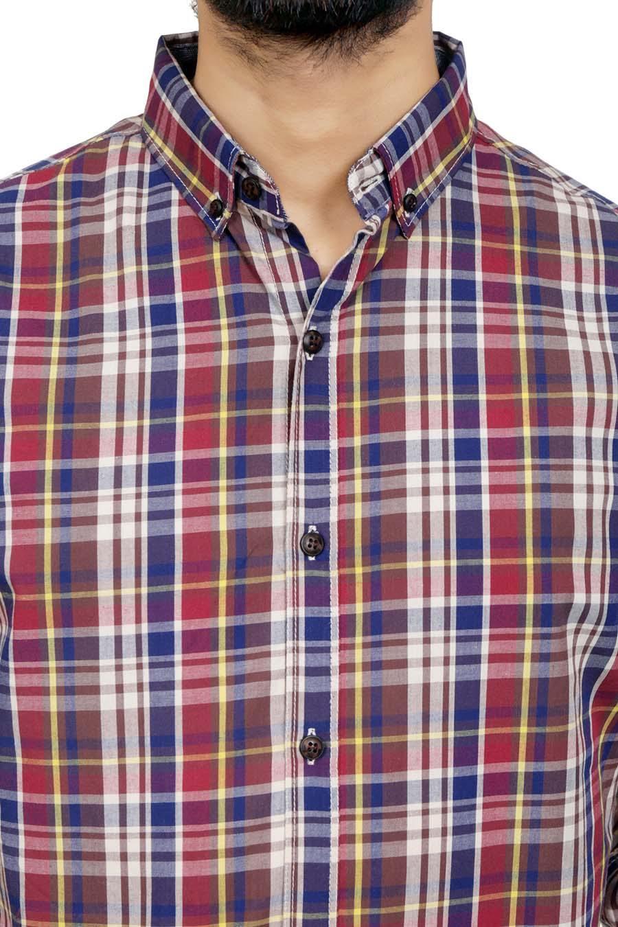 Mens plaid casual shirt front close-up, multicolor checks, button placket