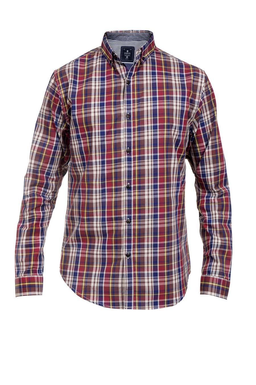Mens casual plaid shirt with long sleeves, button-up front, multicolor check pattern
