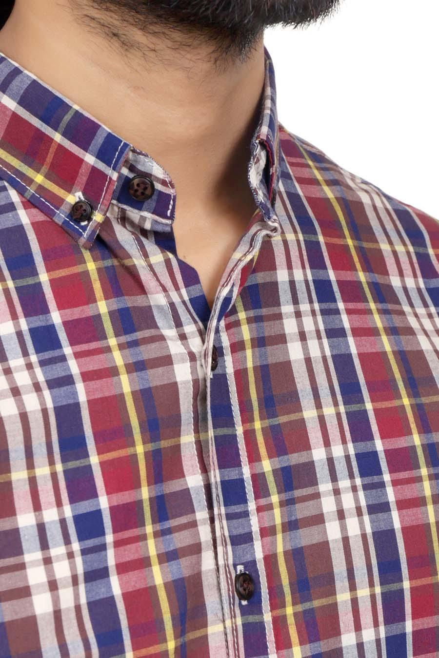 Men's plaid check shirt collar detail with button placket, multi-color pattern.