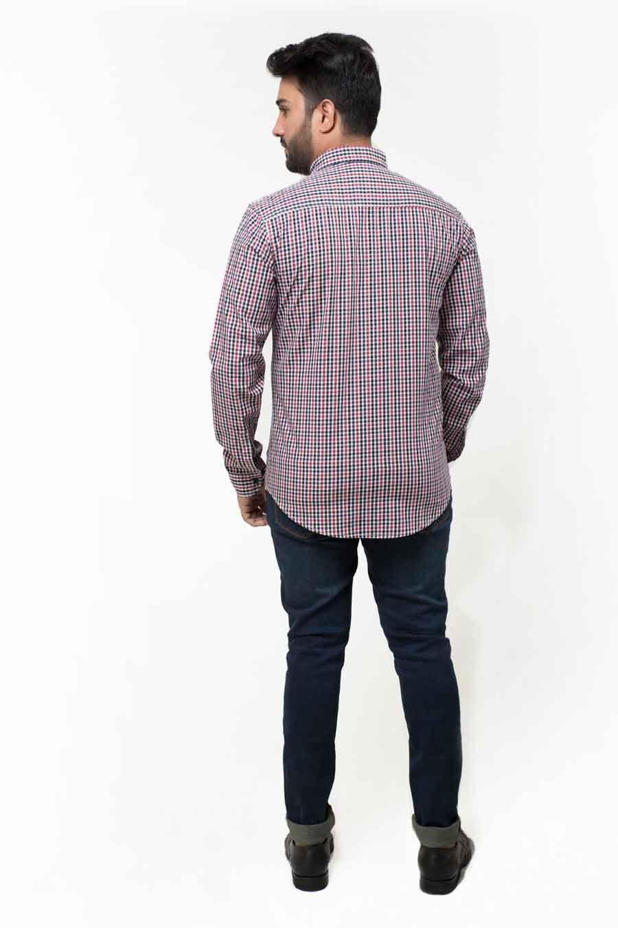 Men's casual plaid full-sleeve shirt, check pattern, back view