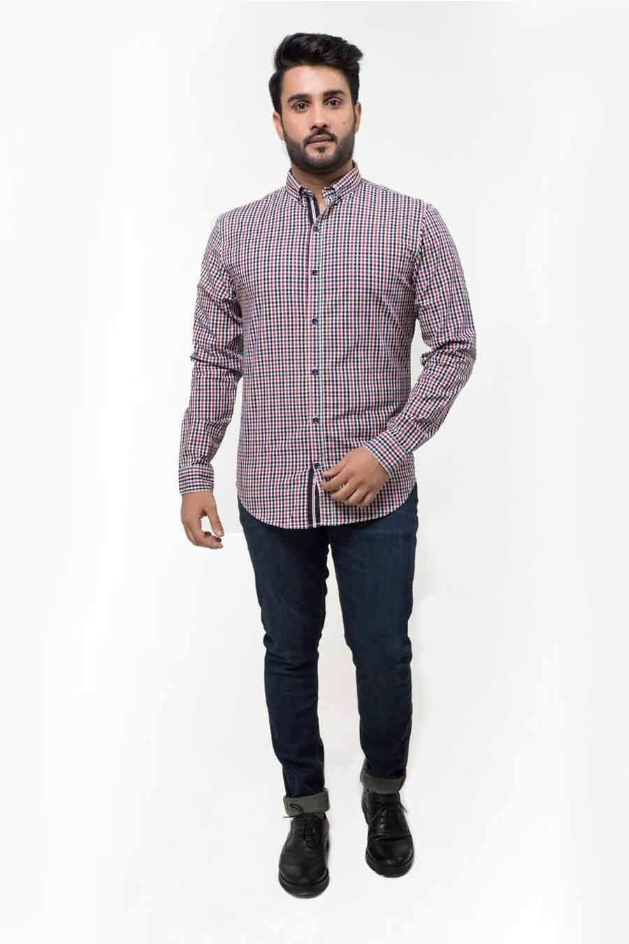 Men's casual plaid full-sleeve shirt, red blue check pattern