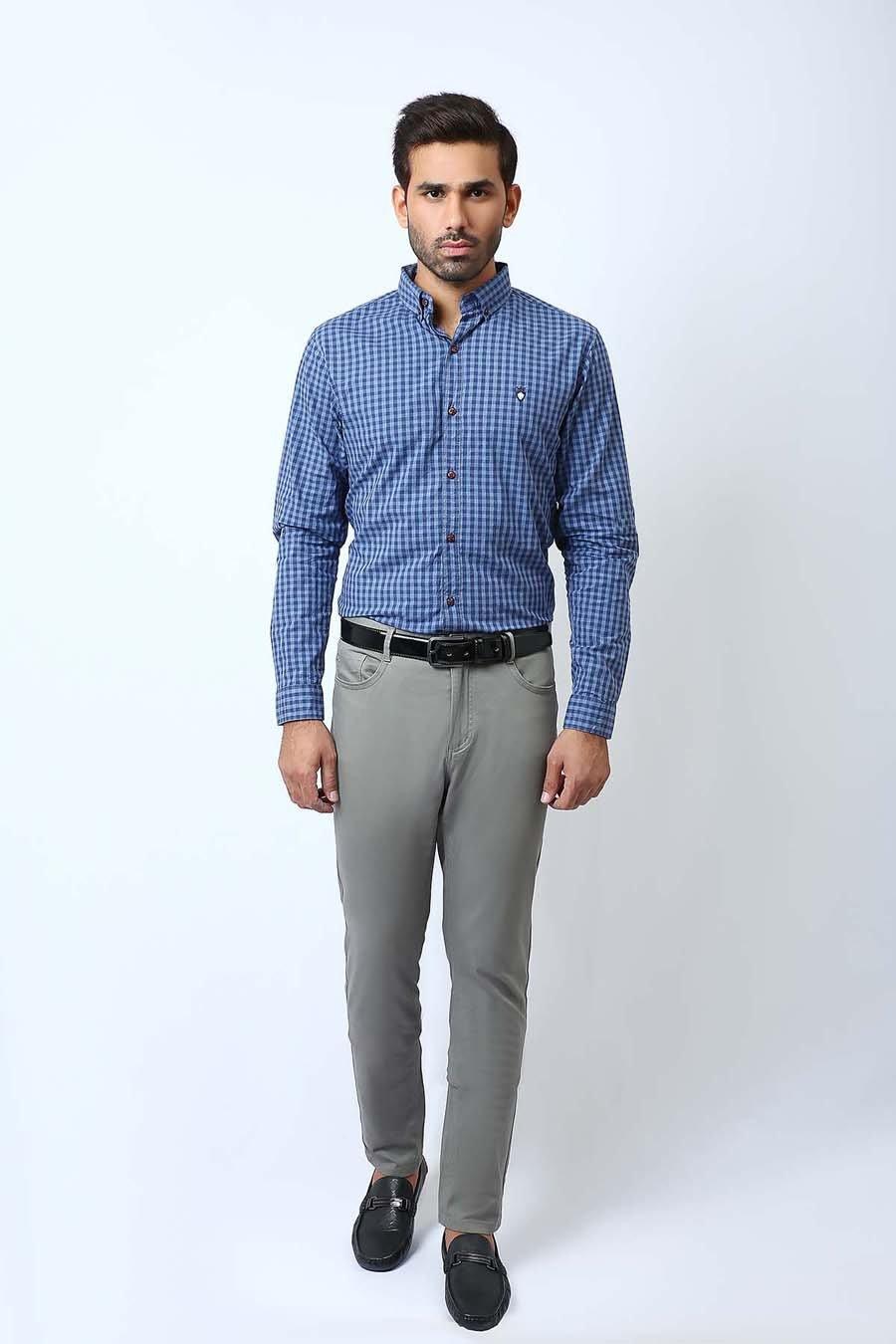 Men's full-sleeve button-up shirt, blue navy checkered pattern