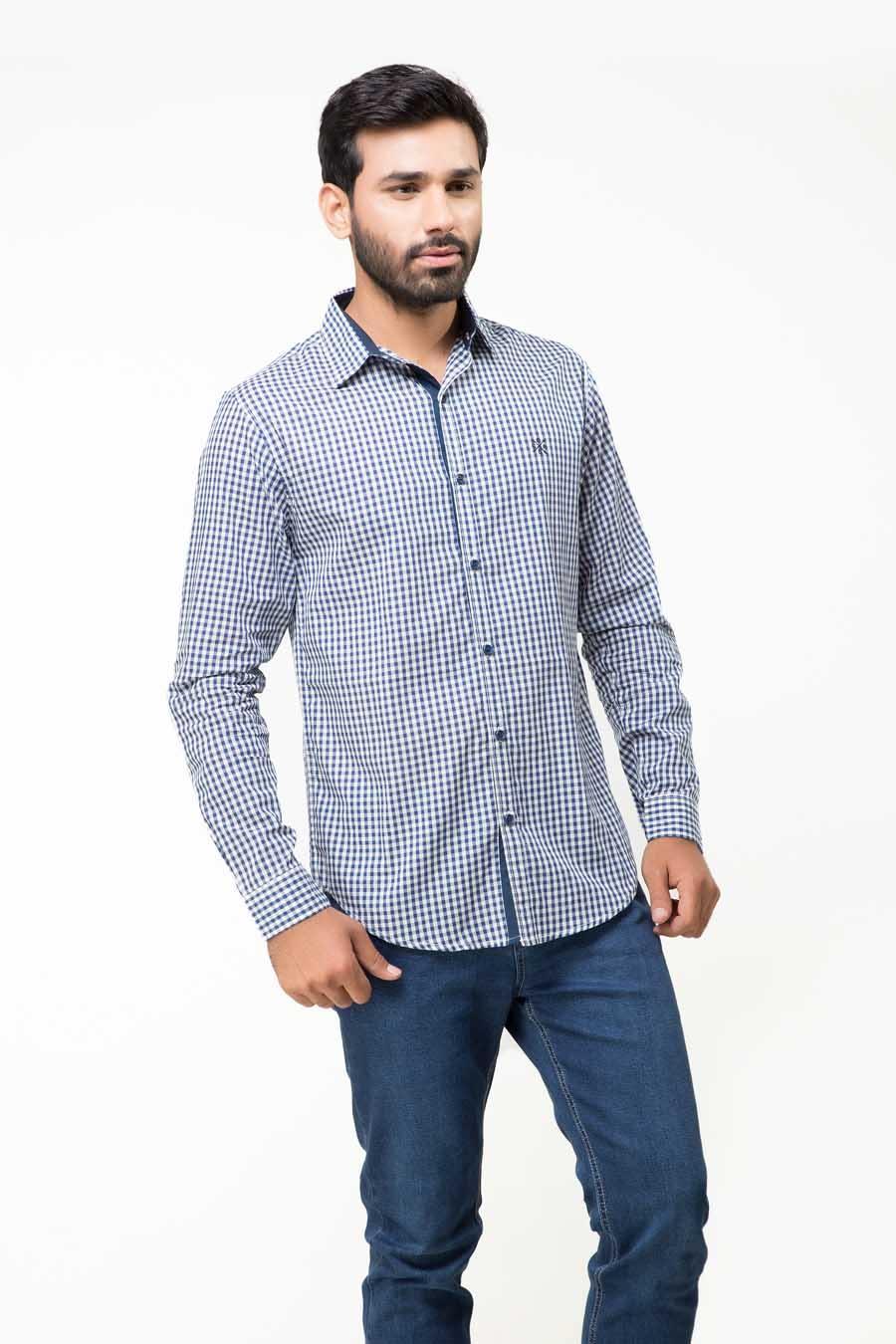 Navy checked full-sleeve casual shirt with button front and pointed collar