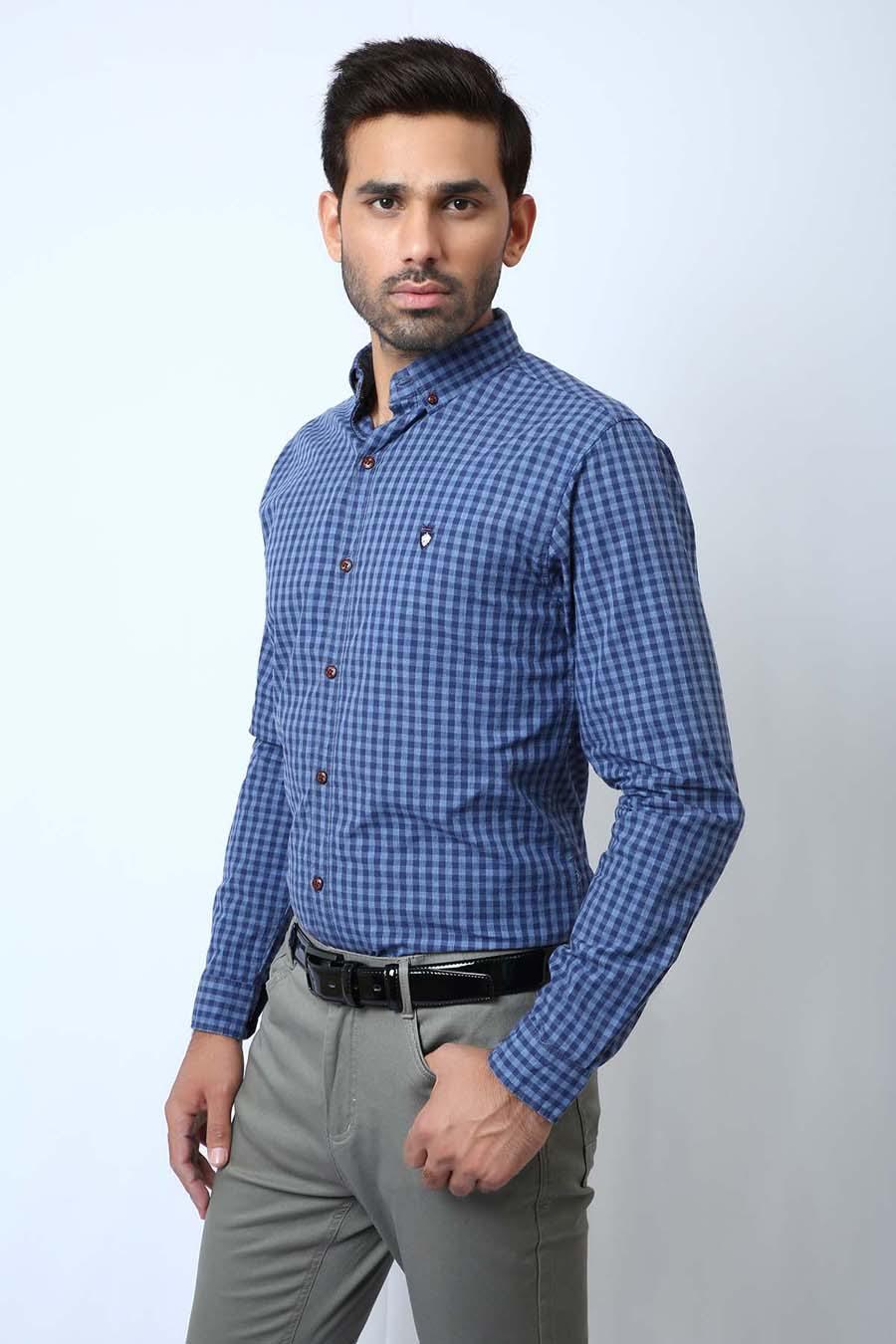 Men's blue checkered full-sleeve shirt with button placket and collar