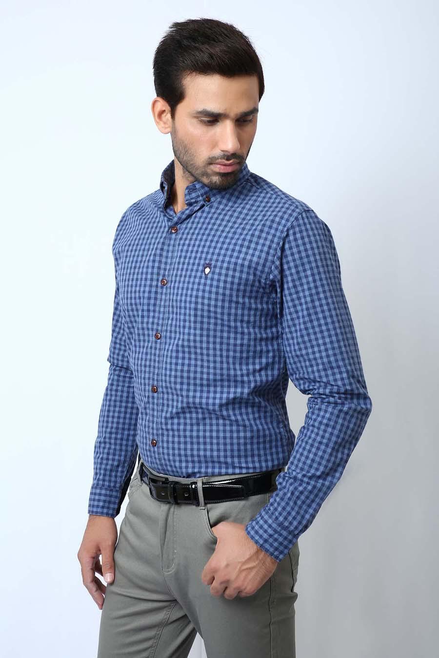 Men's blue checkered button-up shirt with collar and full sleeves