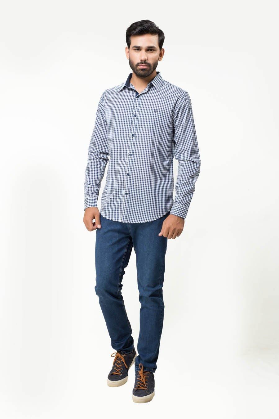 Navy checked full-sleeve casual shirt with button-down collar and front placket