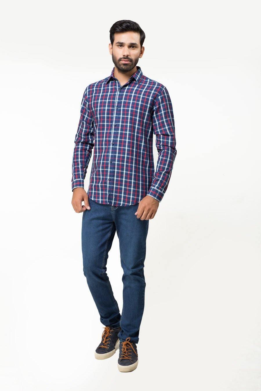 Navy red plaid full-sleeve casual shirt with button-down collar