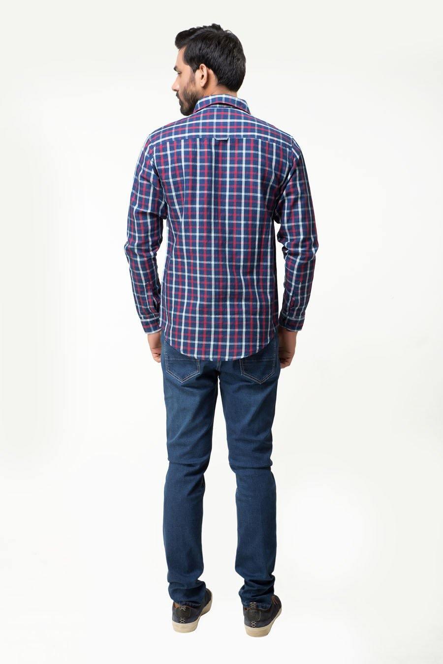 Navy red plaid full-sleeve casual shirt, back view with yoke detail