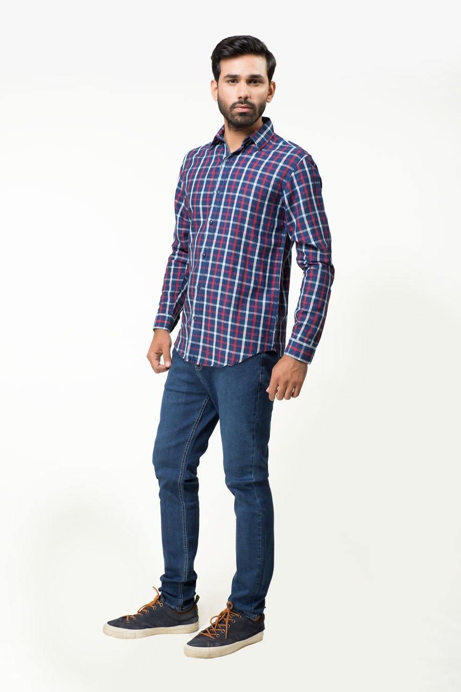 Navy red plaid full-sleeve casual shirt with button-down collar