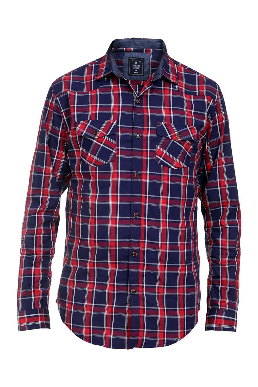 Men's plaid casual shirt with red and navy full sleeves, button front and chest pockets