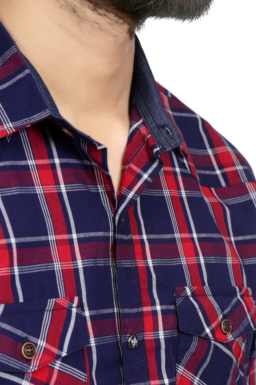 Plaid shirt front with red-and-navy vertical check lines, button placket and long sleeves
