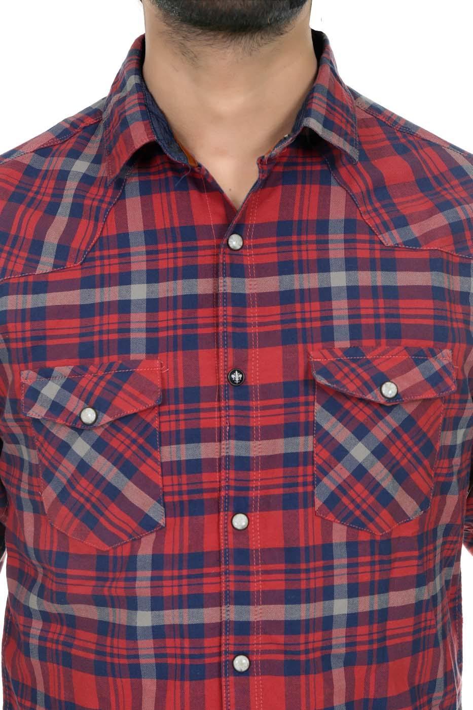 Plaid full-sleeve button-up shirt with two chest pockets, red and navy, front view
