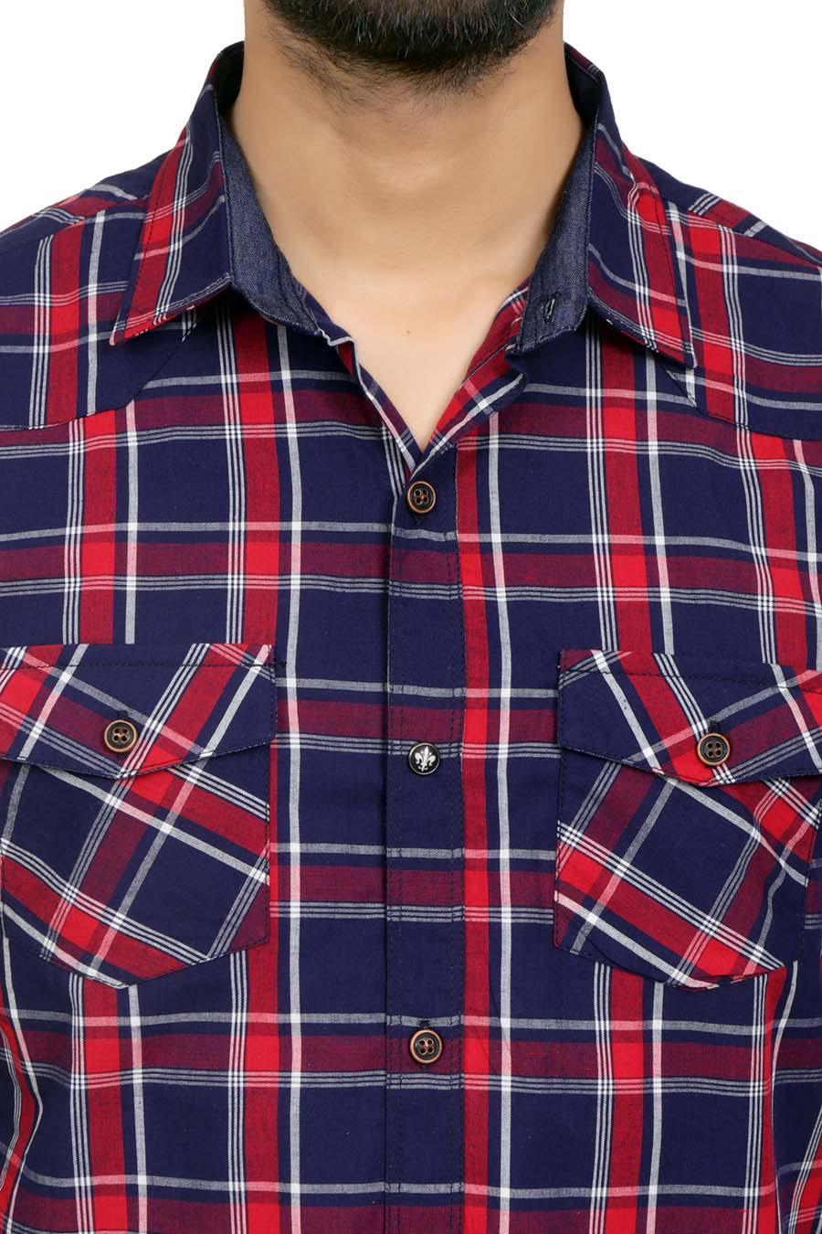 Plaid button-up shirt collar and chest pockets, red-and-navy check pattern