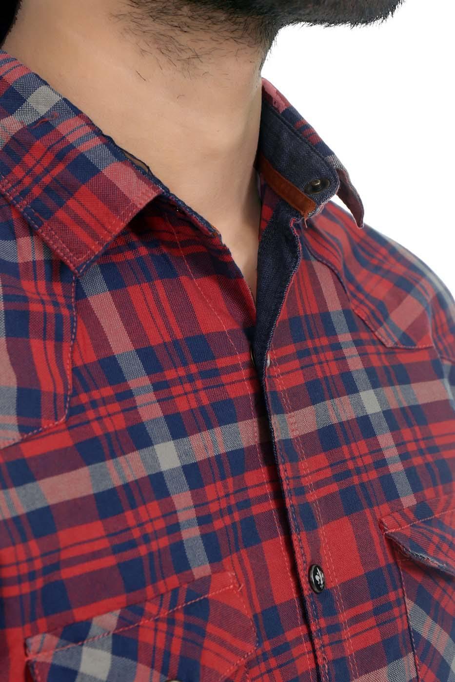 Plaid shirt collar and placket with buttons, red and navy