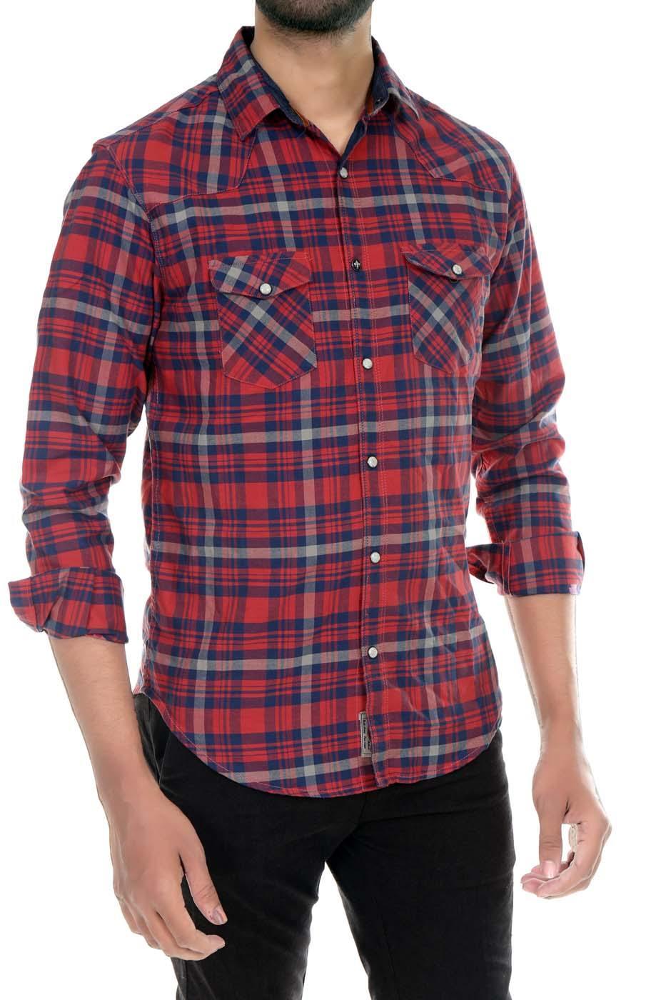 Men's casual plaid full-sleeve button-up shirt, red and navy with chest pockets