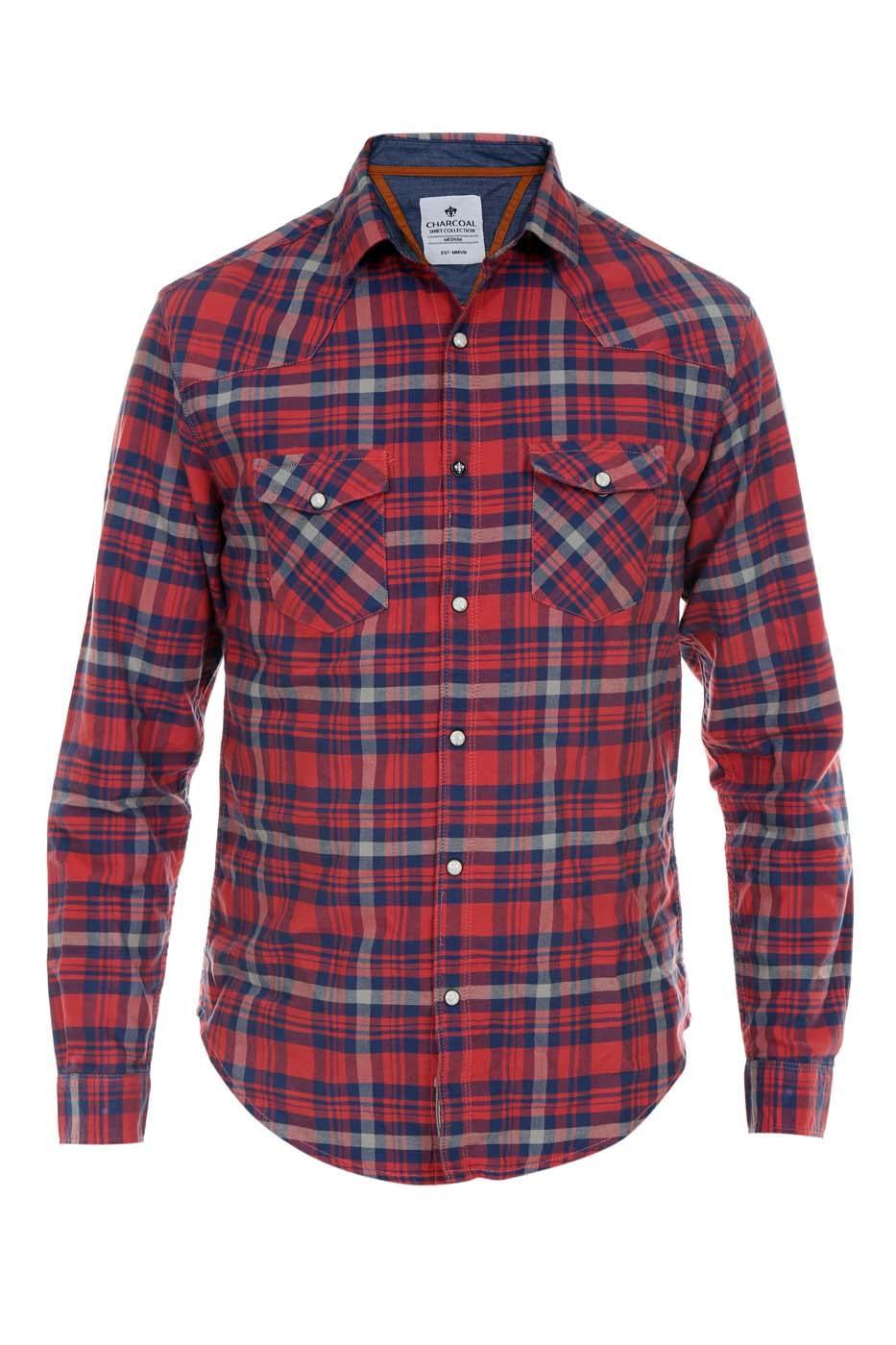 Men's casual plaid full-sleeve button-up shirt, red and navy, front view with logo