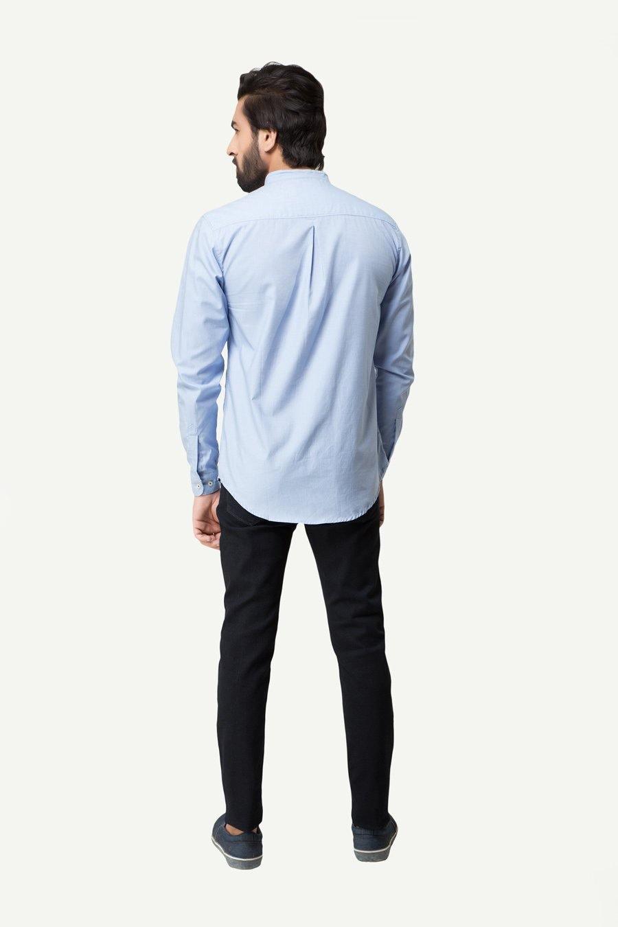 Sky blue long-sleeve casual shirt with back yoke and button placket