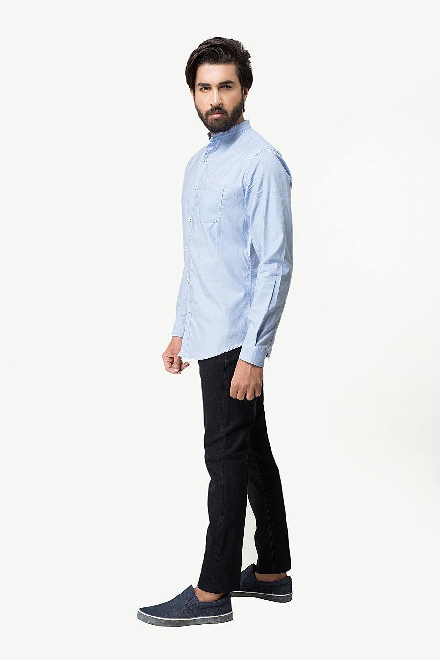 Sky blue long-sleeve casual button-up shirt, side profile