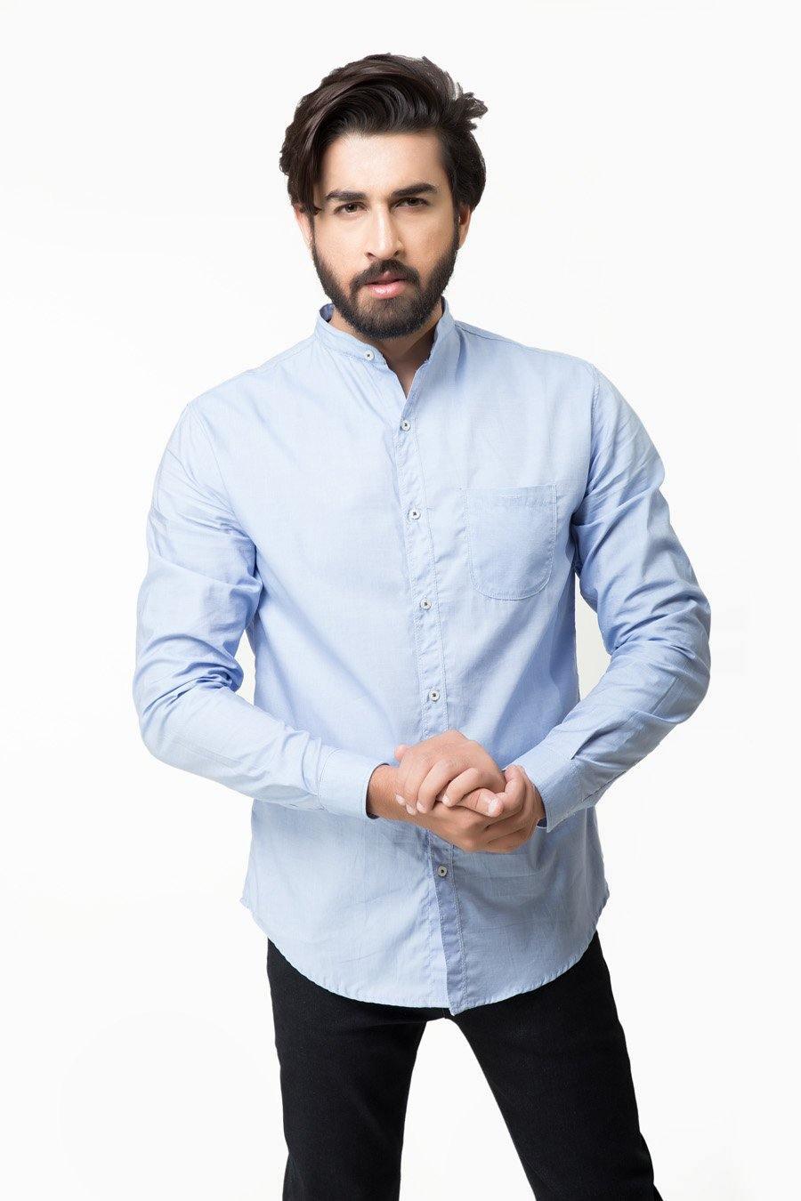 Sky blue casual long-sleeve button-up shirt with stand collar and chest placket